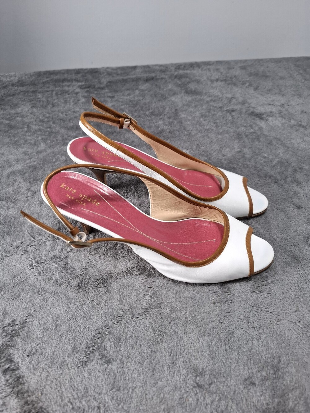 kate spade White Peep-Toe Slingback Heels with Tan Trim and Pink Insole Sz 8.5 - Picture 2 of 14